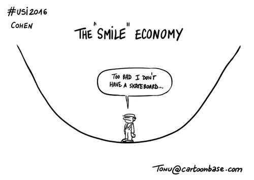 Cartoon du talk USI de Daniel Cohen intitulé "The Smile Economy"