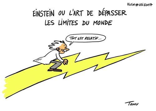 Cartoon d'Einstein issus de la conférence USI d'Etienne Klein