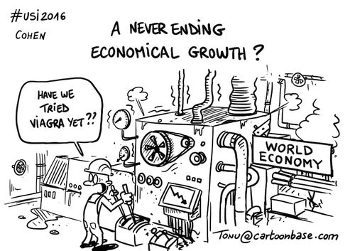 Cartoon du talk de Daniel Cohen Homo Economicus intitulé "A never ending economical growth"
