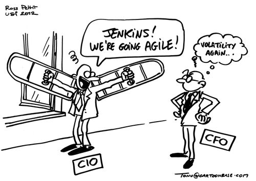Cartoon issu de la conférence USI illustrant un CIO avec des ailes voulant devenir agile. Le CFO le regard d'un air sceptique.