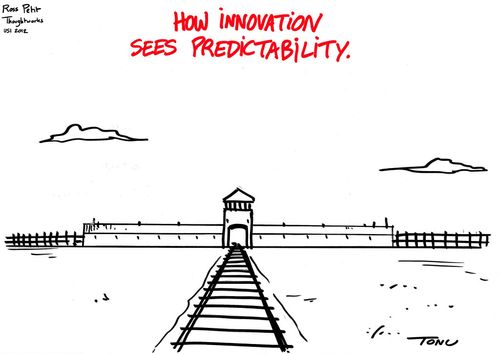 Cartoon issu de la conférence USI illustrannt la façon dont l'innovation voit la prédictibilité : comme une prison